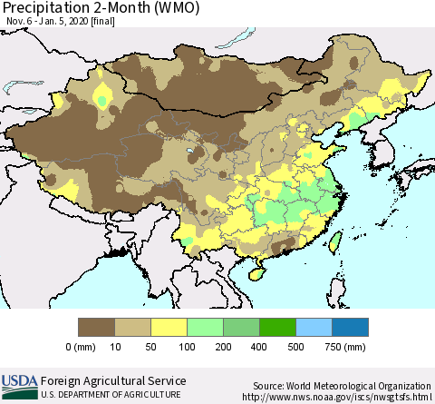 China, Mongolia and Taiwan Precipitation 2-Month (WMO) Thematic Map For 11/6/2019 - 1/5/2020
