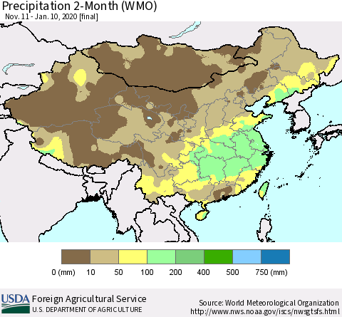 China, Mongolia and Taiwan Precipitation 2-Month (WMO) Thematic Map For 11/11/2019 - 1/10/2020