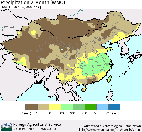 China, Mongolia and Taiwan Precipitation 2-Month (WMO) Thematic Map For 11/16/2019 - 1/15/2020