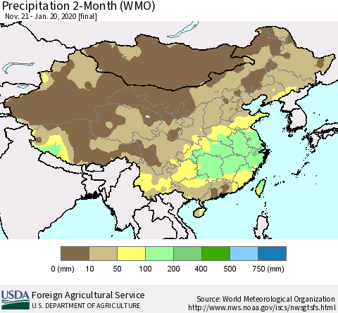 China, Mongolia and Taiwan Precipitation 2-Month (WMO) Thematic Map For 11/21/2019 - 1/20/2020