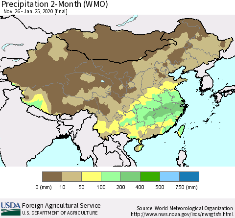 China, Mongolia and Taiwan Precipitation 2-Month (WMO) Thematic Map For 11/26/2019 - 1/25/2020