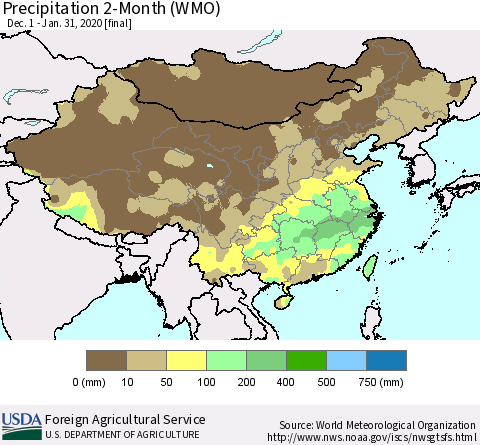 China, Mongolia and Taiwan Precipitation 2-Month (WMO) Thematic Map For 12/1/2019 - 1/31/2020