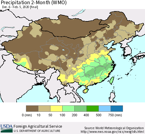 China, Mongolia and Taiwan Precipitation 2-Month (WMO) Thematic Map For 12/6/2019 - 2/5/2020