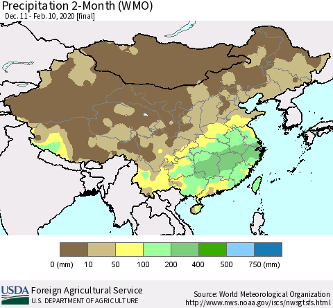 China, Mongolia and Taiwan Precipitation 2-Month (WMO) Thematic Map For 12/11/2019 - 2/10/2020