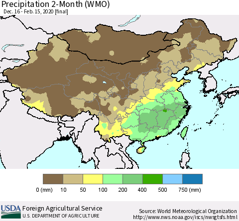 China, Mongolia and Taiwan Precipitation 2-Month (WMO) Thematic Map For 12/16/2019 - 2/15/2020