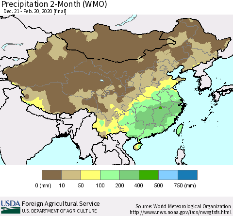China, Mongolia and Taiwan Precipitation 2-Month (WMO) Thematic Map For 12/21/2019 - 2/20/2020