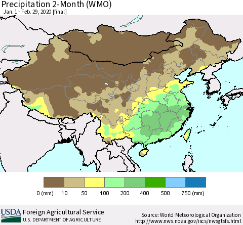 China, Mongolia and Taiwan Precipitation 2-Month (WMO) Thematic Map For 1/1/2020 - 2/29/2020