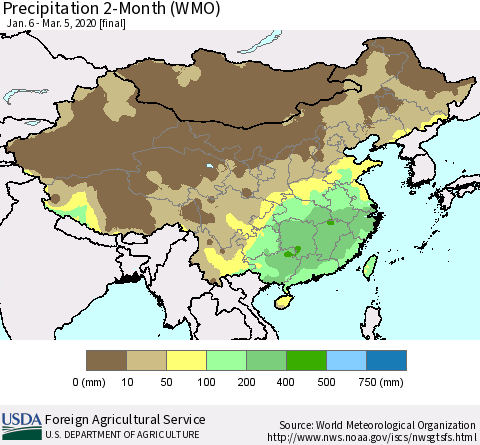 China, Mongolia and Taiwan Precipitation 2-Month (WMO) Thematic Map For 1/6/2020 - 3/5/2020