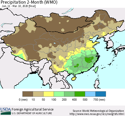 China, Mongolia and Taiwan Precipitation 2-Month (WMO) Thematic Map For 1/11/2020 - 3/10/2020