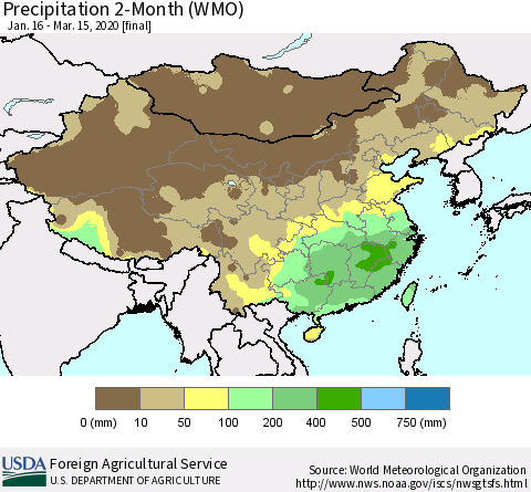 China, Mongolia and Taiwan Precipitation 2-Month (WMO) Thematic Map For 1/16/2020 - 3/15/2020
