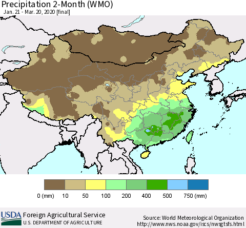 China, Mongolia and Taiwan Precipitation 2-Month (WMO) Thematic Map For 1/21/2020 - 3/20/2020