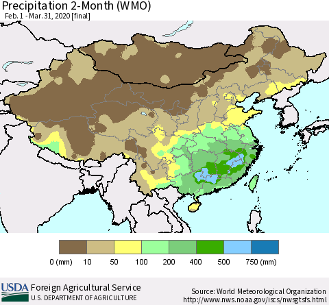 China, Mongolia and Taiwan Precipitation 2-Month (WMO) Thematic Map For 2/1/2020 - 3/31/2020