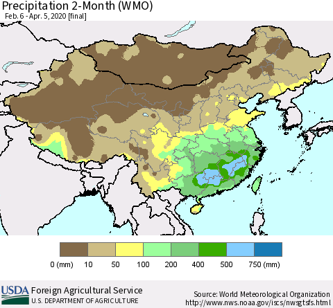 China, Mongolia and Taiwan Precipitation 2-Month (WMO) Thematic Map For 2/6/2020 - 4/5/2020