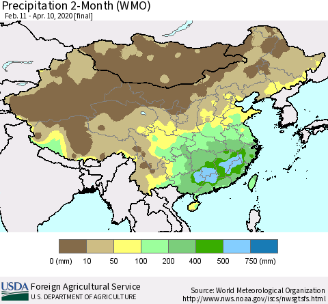China, Mongolia and Taiwan Precipitation 2-Month (WMO) Thematic Map For 2/11/2020 - 4/10/2020