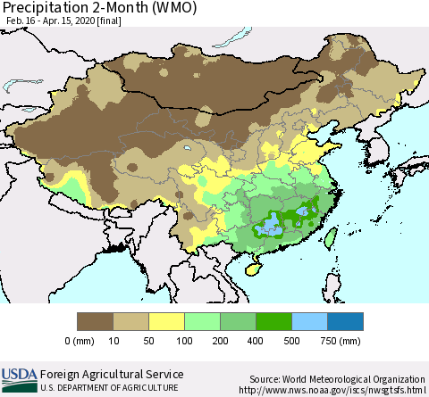 China, Mongolia and Taiwan Precipitation 2-Month (WMO) Thematic Map For 2/16/2020 - 4/15/2020