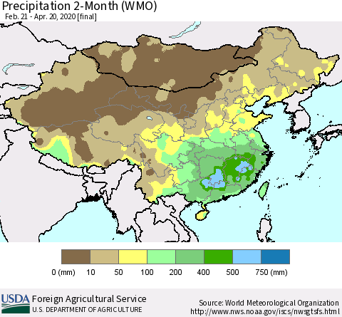 China, Mongolia and Taiwan Precipitation 2-Month (WMO) Thematic Map For 2/21/2020 - 4/20/2020