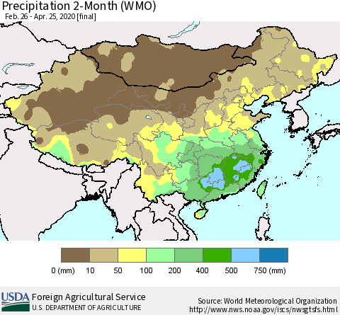 China, Mongolia and Taiwan Precipitation 2-Month (WMO) Thematic Map For 2/26/2020 - 4/25/2020