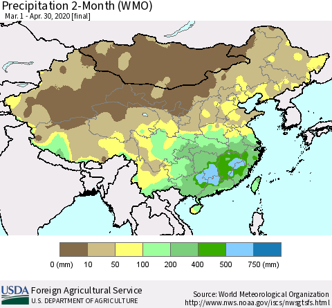 China, Mongolia and Taiwan Precipitation 2-Month (WMO) Thematic Map For 3/1/2020 - 4/30/2020