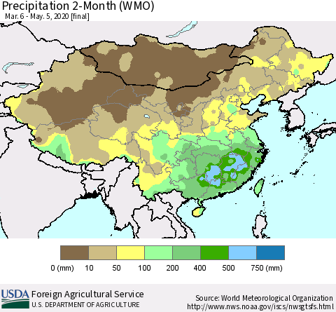 China, Mongolia and Taiwan Precipitation 2-Month (WMO) Thematic Map For 3/6/2020 - 5/5/2020