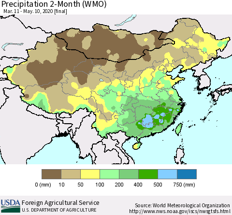 China, Mongolia and Taiwan Precipitation 2-Month (WMO) Thematic Map For 3/11/2020 - 5/10/2020