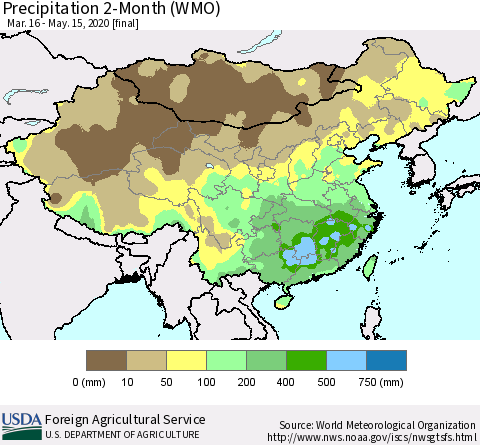 China, Mongolia and Taiwan Precipitation 2-Month (WMO) Thematic Map For 3/16/2020 - 5/15/2020