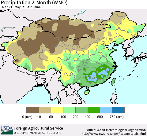 China, Mongolia and Taiwan Precipitation 2-Month (WMO) Thematic Map For 3/21/2020 - 5/20/2020