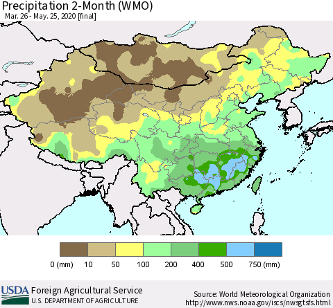 China, Mongolia and Taiwan Precipitation 2-Month (WMO) Thematic Map For 3/26/2020 - 5/25/2020