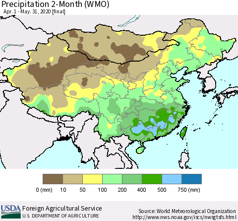 China, Mongolia and Taiwan Precipitation 2-Month (WMO) Thematic Map For 4/1/2020 - 5/31/2020