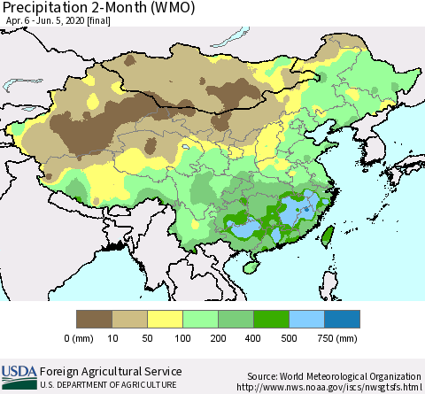 China, Mongolia and Taiwan Precipitation 2-Month (WMO) Thematic Map For 4/6/2020 - 6/5/2020