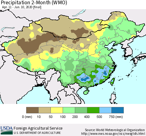China, Mongolia and Taiwan Precipitation 2-Month (WMO) Thematic Map For 4/11/2020 - 6/10/2020