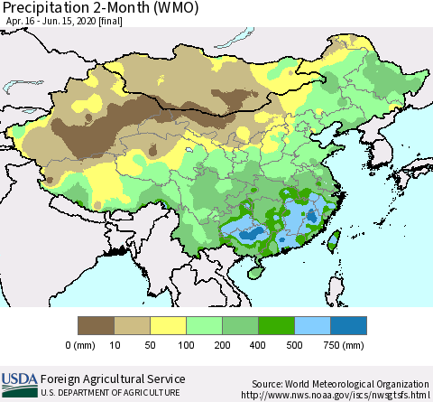China, Mongolia and Taiwan Precipitation 2-Month (WMO) Thematic Map For 4/16/2020 - 6/15/2020