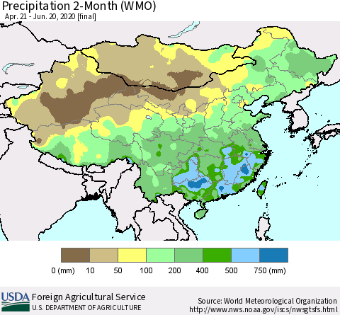 China, Mongolia and Taiwan Precipitation 2-Month (WMO) Thematic Map For 4/21/2020 - 6/20/2020