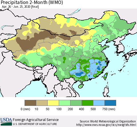 China, Mongolia and Taiwan Precipitation 2-Month (WMO) Thematic Map For 4/26/2020 - 6/25/2020