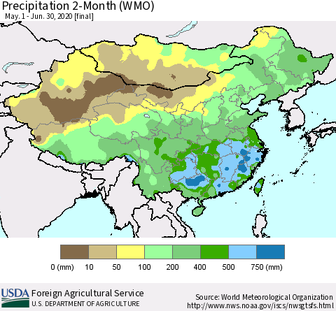 China, Mongolia and Taiwan Precipitation 2-Month (WMO) Thematic Map For 5/1/2020 - 6/30/2020