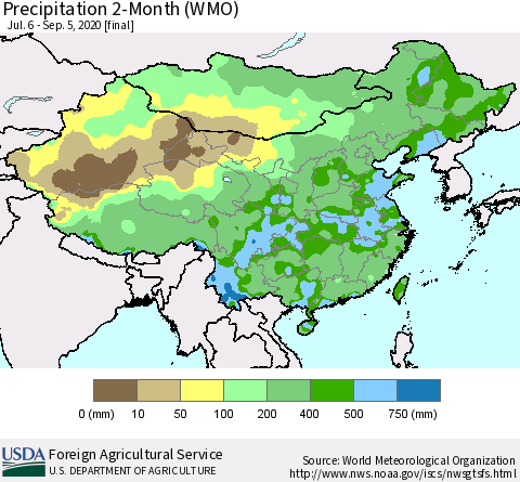 China, Mongolia and Taiwan Precipitation 2-Month (WMO) Thematic Map For 7/6/2020 - 9/5/2020