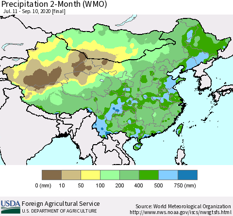 China, Mongolia and Taiwan Precipitation 2-Month (WMO) Thematic Map For 7/11/2020 - 9/10/2020