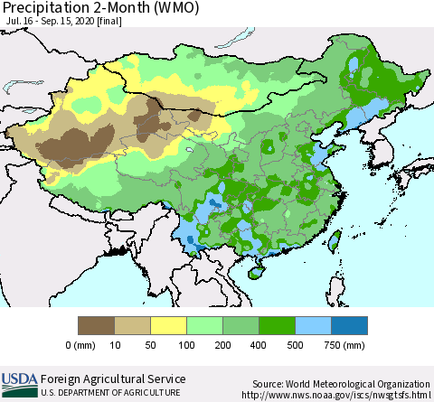 China, Mongolia and Taiwan Precipitation 2-Month (WMO) Thematic Map For 7/16/2020 - 9/15/2020