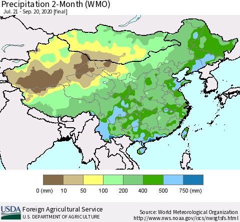 China, Mongolia and Taiwan Precipitation 2-Month (WMO) Thematic Map For 7/21/2020 - 9/20/2020
