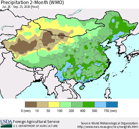 China, Mongolia and Taiwan Precipitation 2-Month (WMO) Thematic Map For 7/26/2020 - 9/25/2020