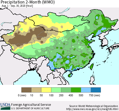 China, Mongolia and Taiwan Precipitation 2-Month (WMO) Thematic Map For 8/1/2020 - 9/30/2020