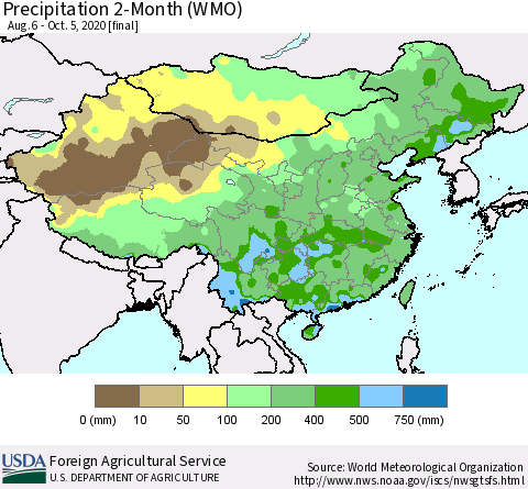 China, Mongolia and Taiwan Precipitation 2-Month (WMO) Thematic Map For 8/6/2020 - 10/5/2020