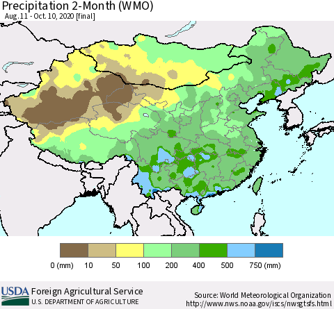 China, Mongolia and Taiwan Precipitation 2-Month (WMO) Thematic Map For 8/11/2020 - 10/10/2020