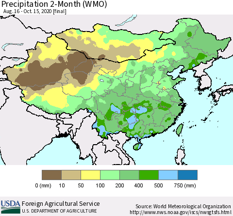 China, Mongolia and Taiwan Precipitation 2-Month (WMO) Thematic Map For 8/16/2020 - 10/15/2020