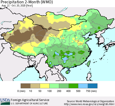 China, Mongolia and Taiwan Precipitation 2-Month (WMO) Thematic Map For 8/21/2020 - 10/20/2020