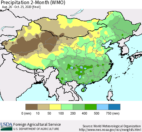 China, Mongolia and Taiwan Precipitation 2-Month (WMO) Thematic Map For 8/26/2020 - 10/25/2020