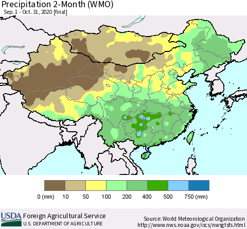 China, Mongolia and Taiwan Precipitation 2-Month (WMO) Thematic Map For 9/1/2020 - 10/31/2020