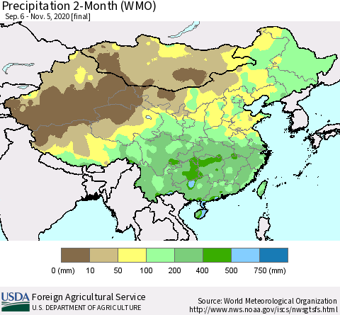 China, Mongolia and Taiwan Precipitation 2-Month (WMO) Thematic Map For 9/6/2020 - 11/5/2020