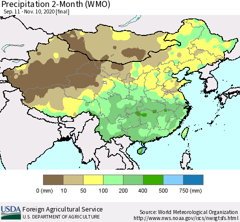 China, Mongolia and Taiwan Precipitation 2-Month (WMO) Thematic Map For 9/11/2020 - 11/10/2020