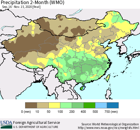 China, Mongolia and Taiwan Precipitation 2-Month (WMO) Thematic Map For 9/16/2020 - 11/15/2020