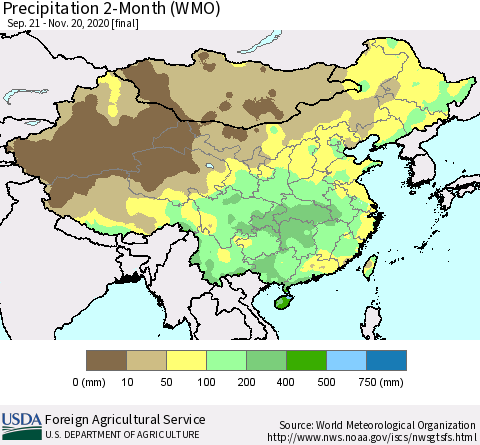China, Mongolia and Taiwan Precipitation 2-Month (WMO) Thematic Map For 9/21/2020 - 11/20/2020